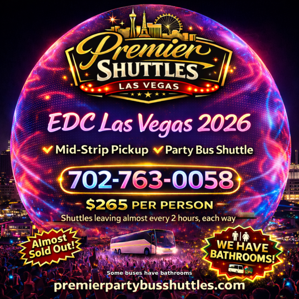 Las Vegas Party Bus Rentals ad for EDC Las Vegas 2026 with Sphere Background.