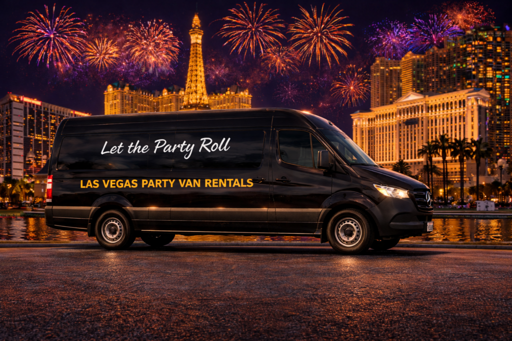 31 Las Vegas Party Bus Rentals outside of Mercedes Sprinter Van at night with Las Vegas background with fireworks,.