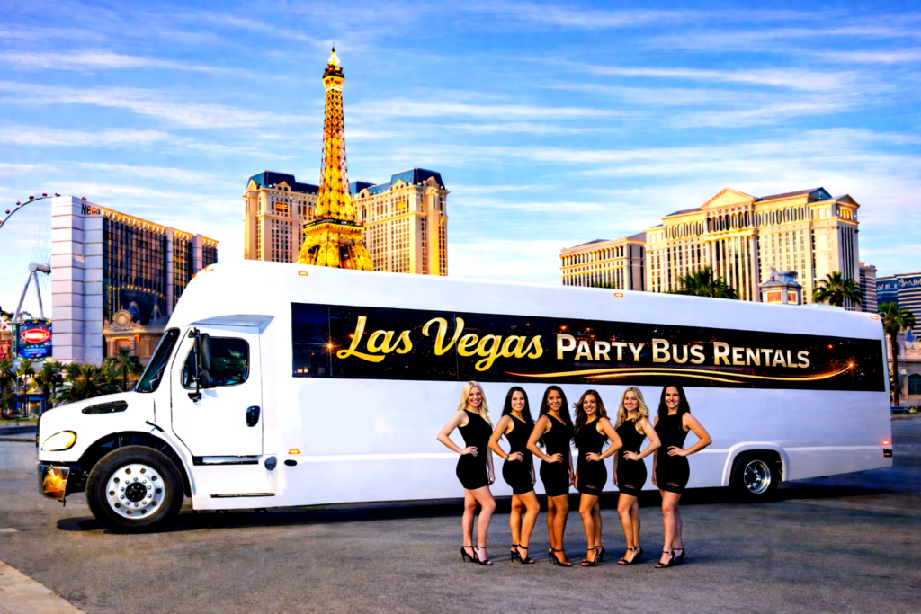 30 Las Vegas Party Bus Rentals 40 Passenger White Bus with Party Bus Hostesses with Las Vegas Background in the daytime,