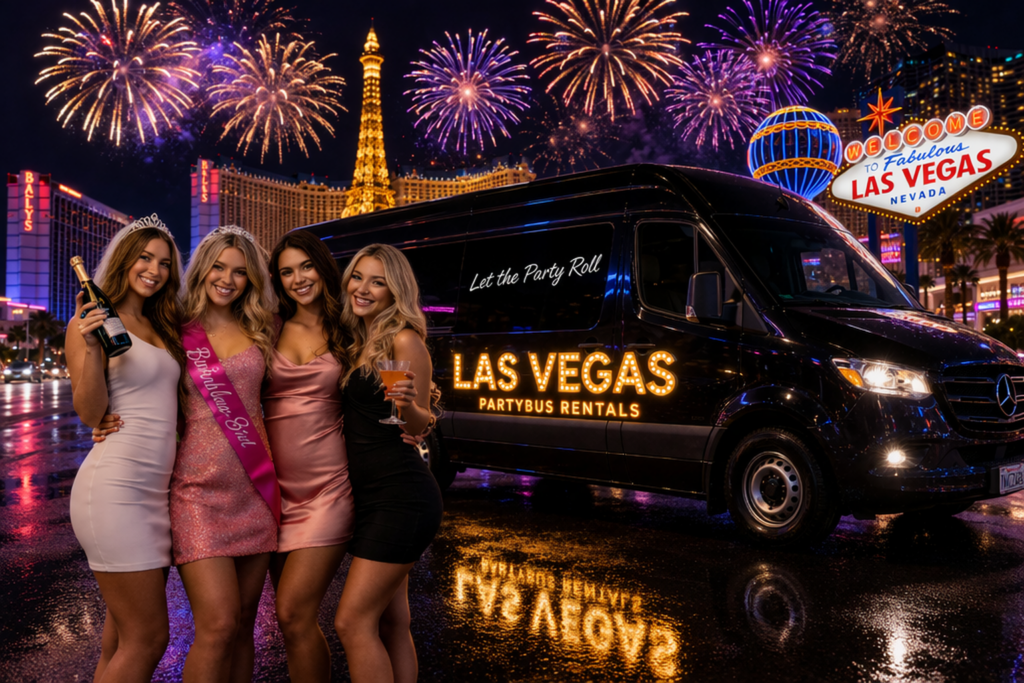 32 black sprinter passenger party bus van in Las Vegas at night with hostesses,.