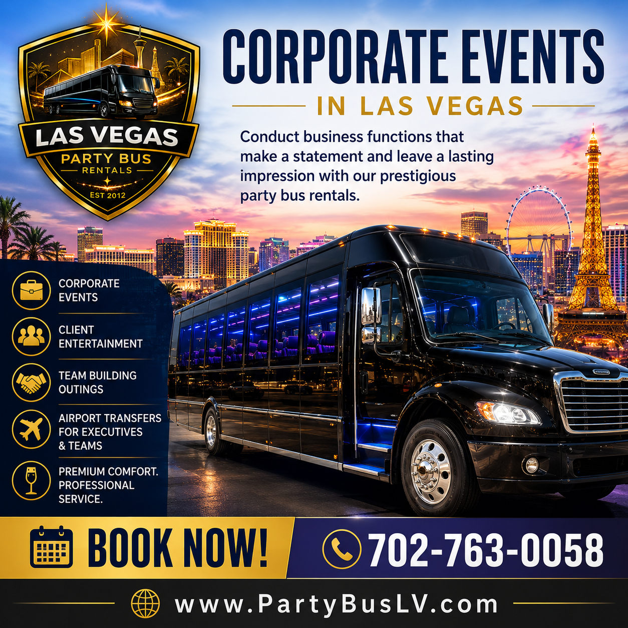 Party Bus Fleet 29 Corporate Party Bus Rentals ad with party bus ad las Vegas in background.