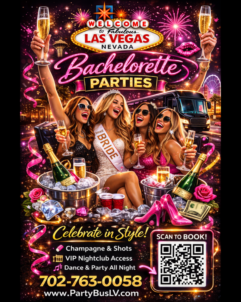 Exciting Bachelor Party Bus Rental Las Vegas 9 Bachelorette Party Ad with Las Vegas in the background and bachelorette's partying. Black with gold and white writing.