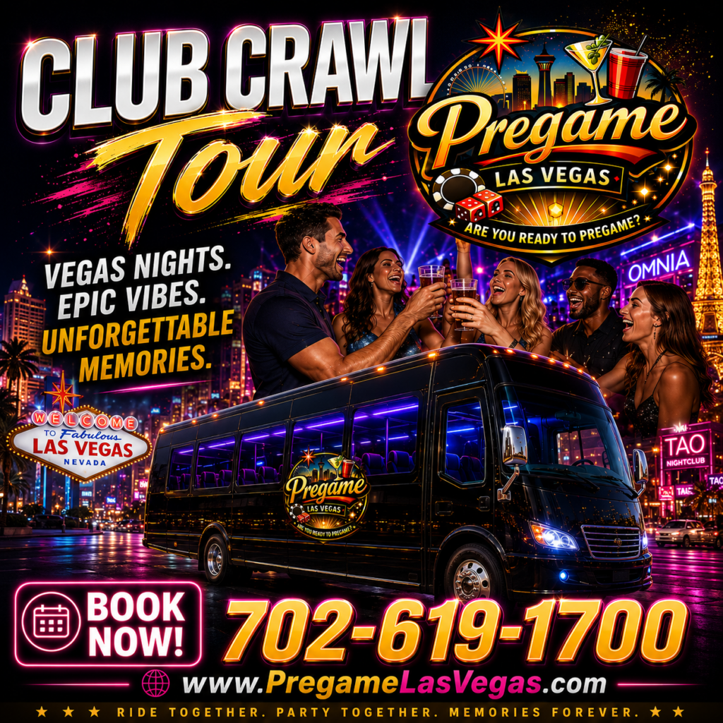 #1 Official Las Vegas Party Bus Rentals Experience - Home 9 Las Vegas Party Bus Rentals Party Company offers the official Pregame Club Crawl Tours ad. Las Vegas in the background with white and gold writing.