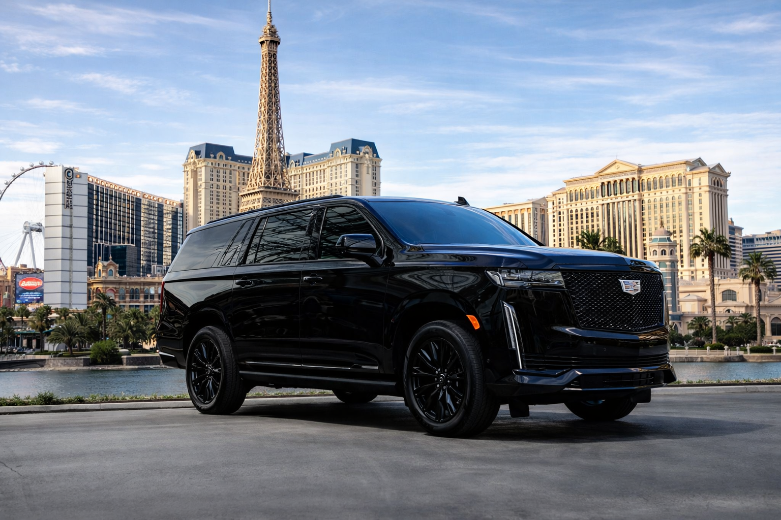 Party Bus Fleet 25 6 Passenger SUV with Paris Las Vegas in background.