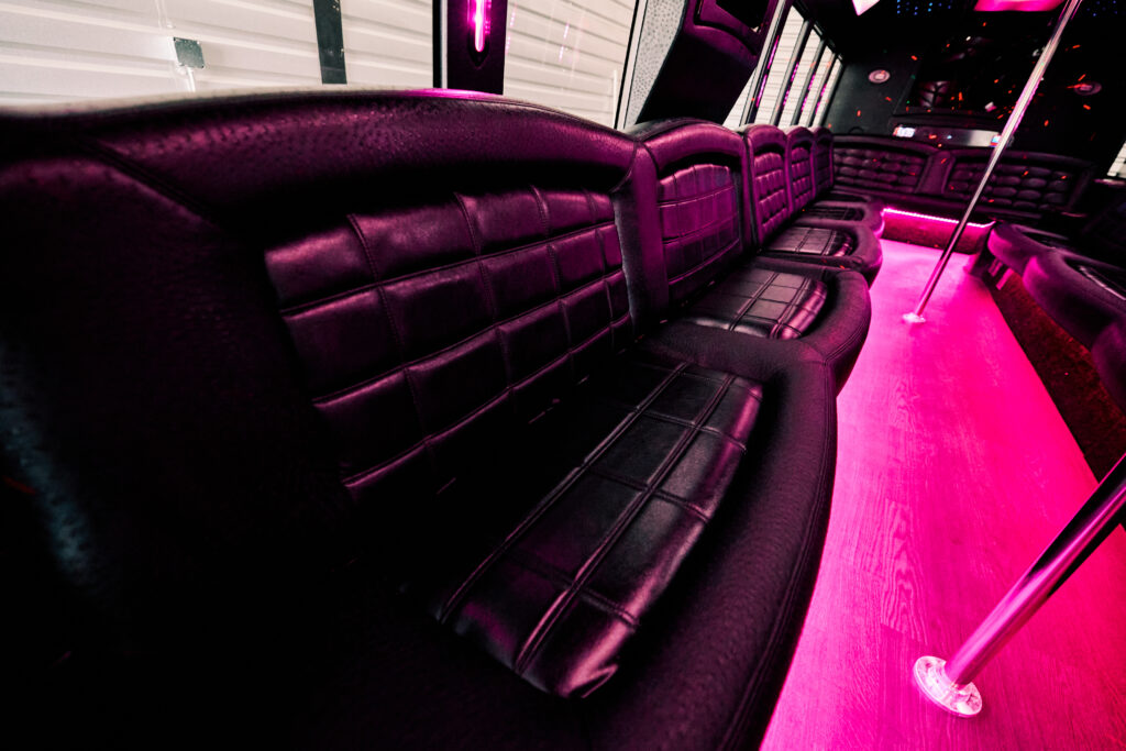 #1 Official Las Vegas Party Bus Rental Experiences 15 Luxurious black leather seating interior
