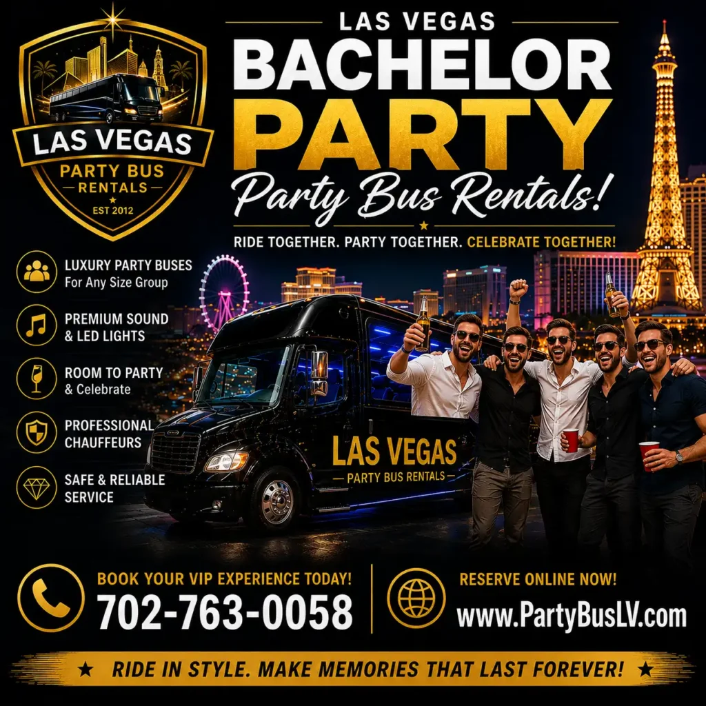 #1 Official Las Vegas Party Bus Rental Experiences 4 Ad for bachelor Party bus rental for celebrations in Vegas. Image of Las Vegas in Background with group of men toasting a drink.