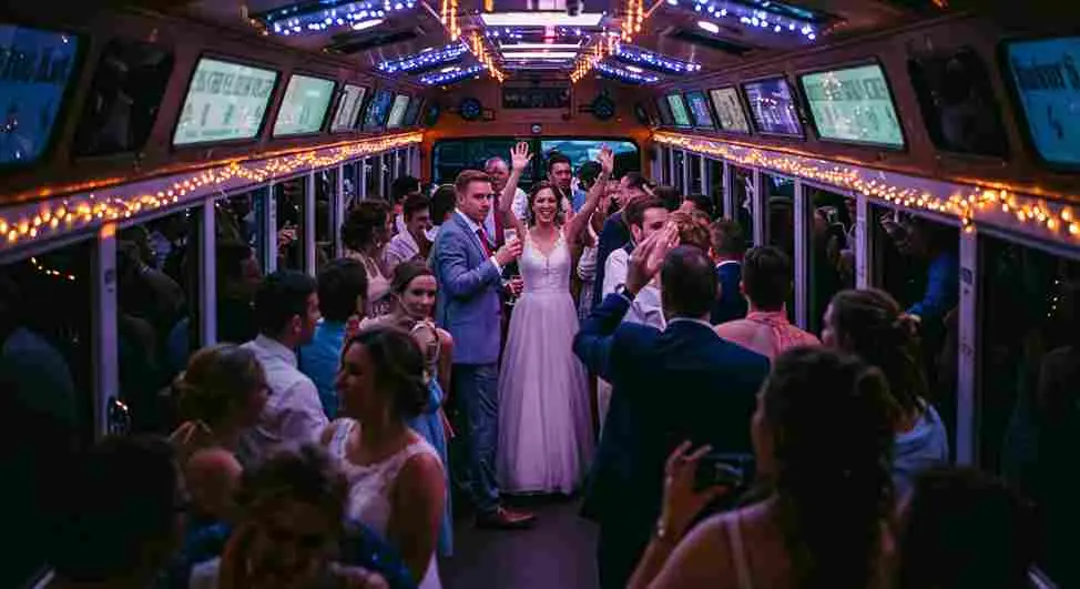 Wedding celebration inside a party bus.